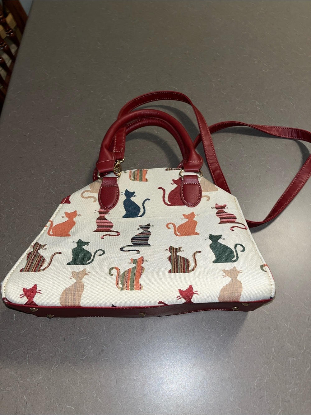 NWOT Signare Cat Pattern Canvas Satchel Handbag with Red Trim & crossbody strap